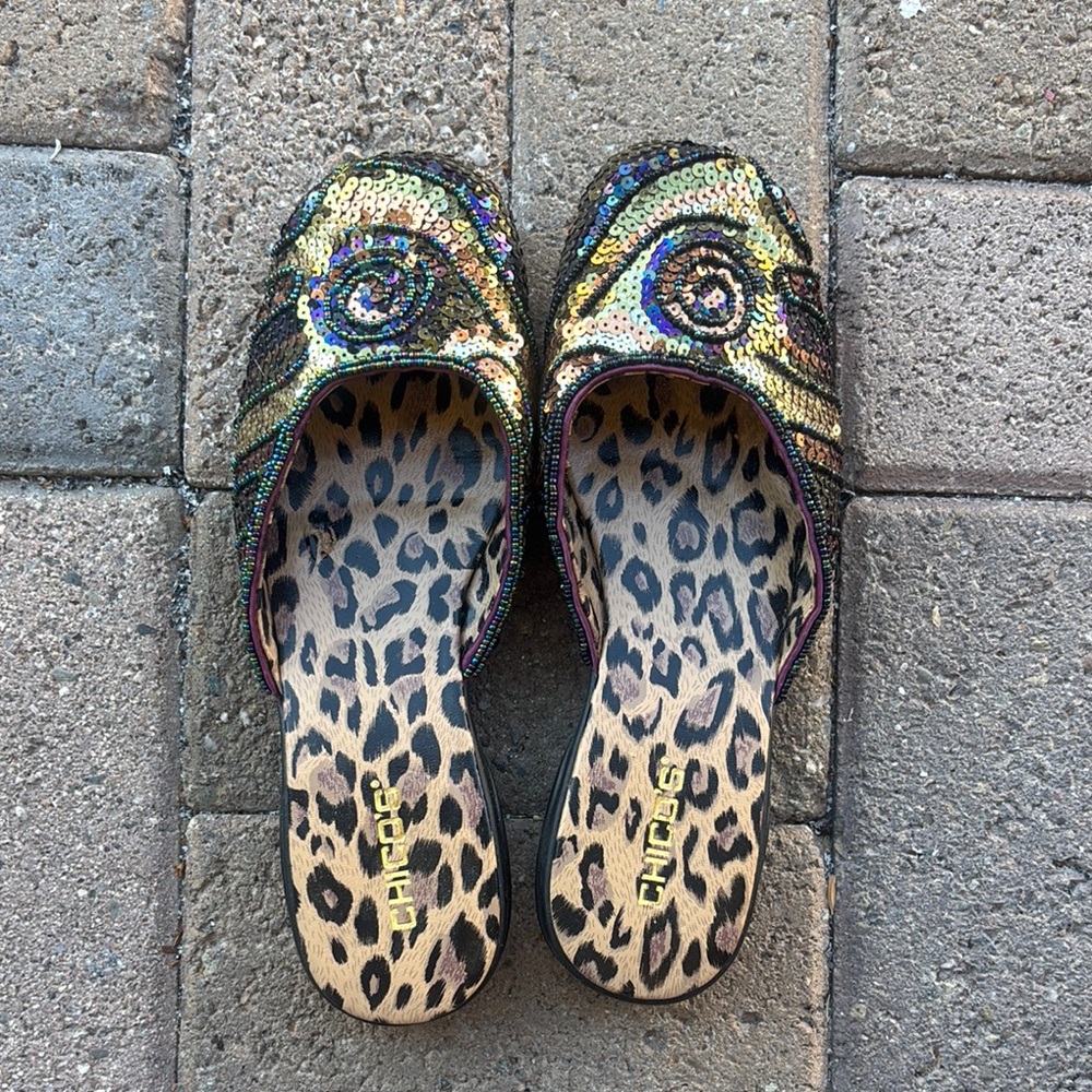 Chico's Gold and Black Sequin Mules with Leopard Insole